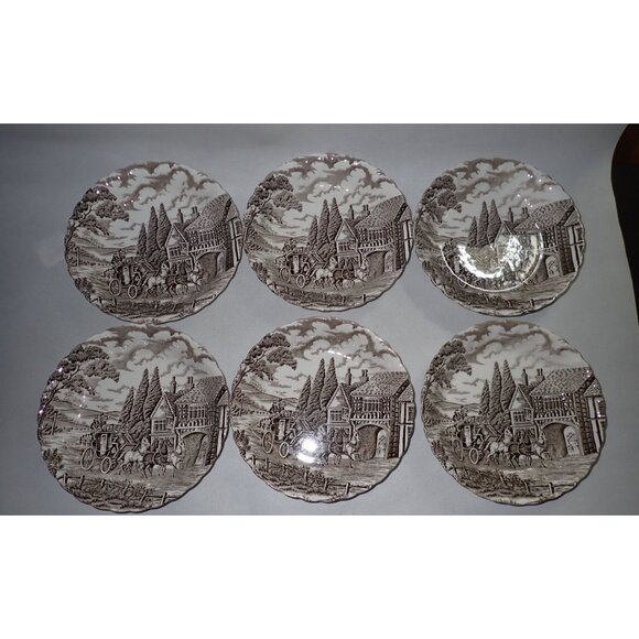 Myott Fine Staffordshire Ware Royal Mail Scalloped‎ Soup/Salad Bowls brown Set 6 - Picture 1 of 6
